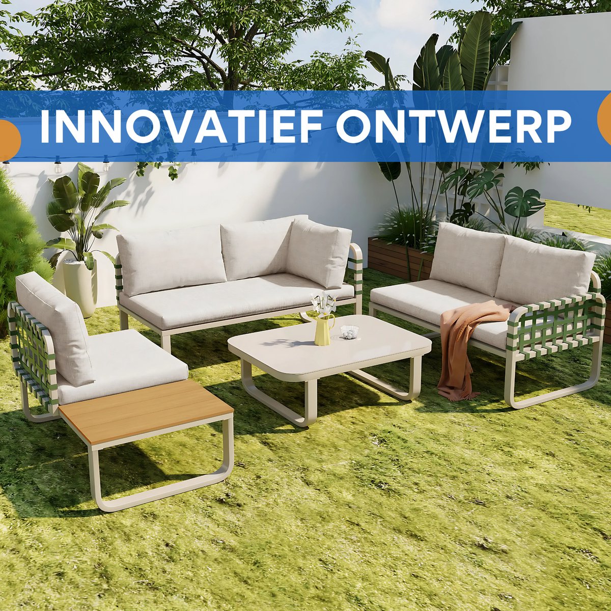 Tuinmeubelset - Loungeset - Tuinlounge Lounge Set - 4-5 Zits Lounge Set - Groen Leder & Rotan - Met Comfortabele Kussens voor Buiten