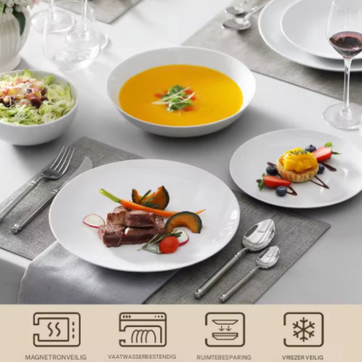 Majestic Dinerborden – Serviesset – 12 persoons – 24 delig – Wit Keramisch – Breakfast Plates – Stijlvol keramiek