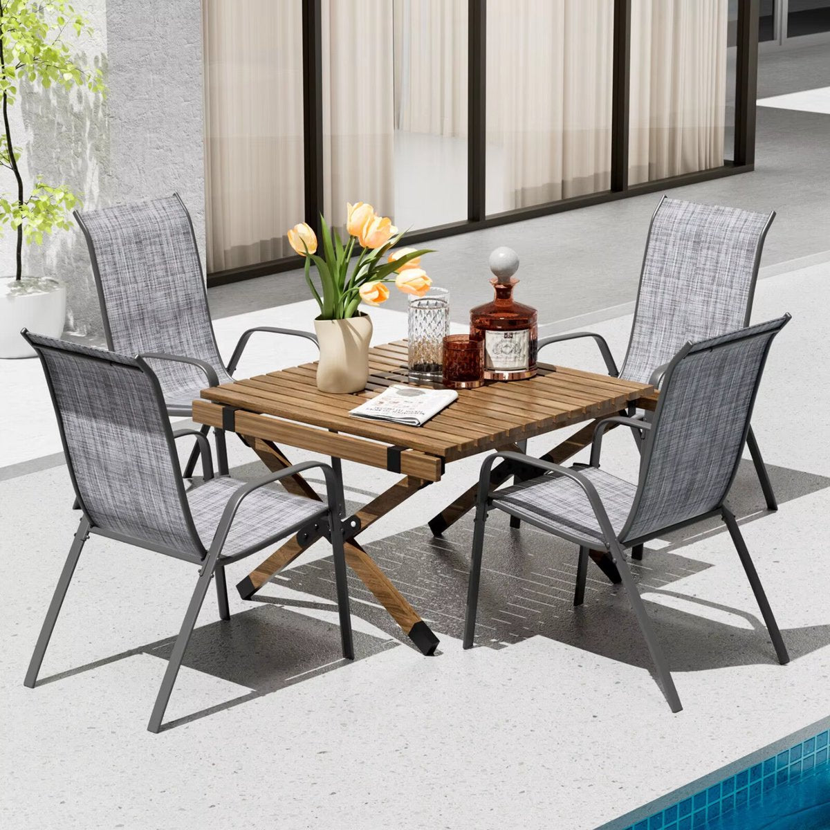 Metalen Buitenstoelenset - Tuinstoelen - Tuintafel stoelen - Stapelbare Terrasstoelen van Textilene - Set van 4, Max. Belastbaarheid 150 kg - Grijs