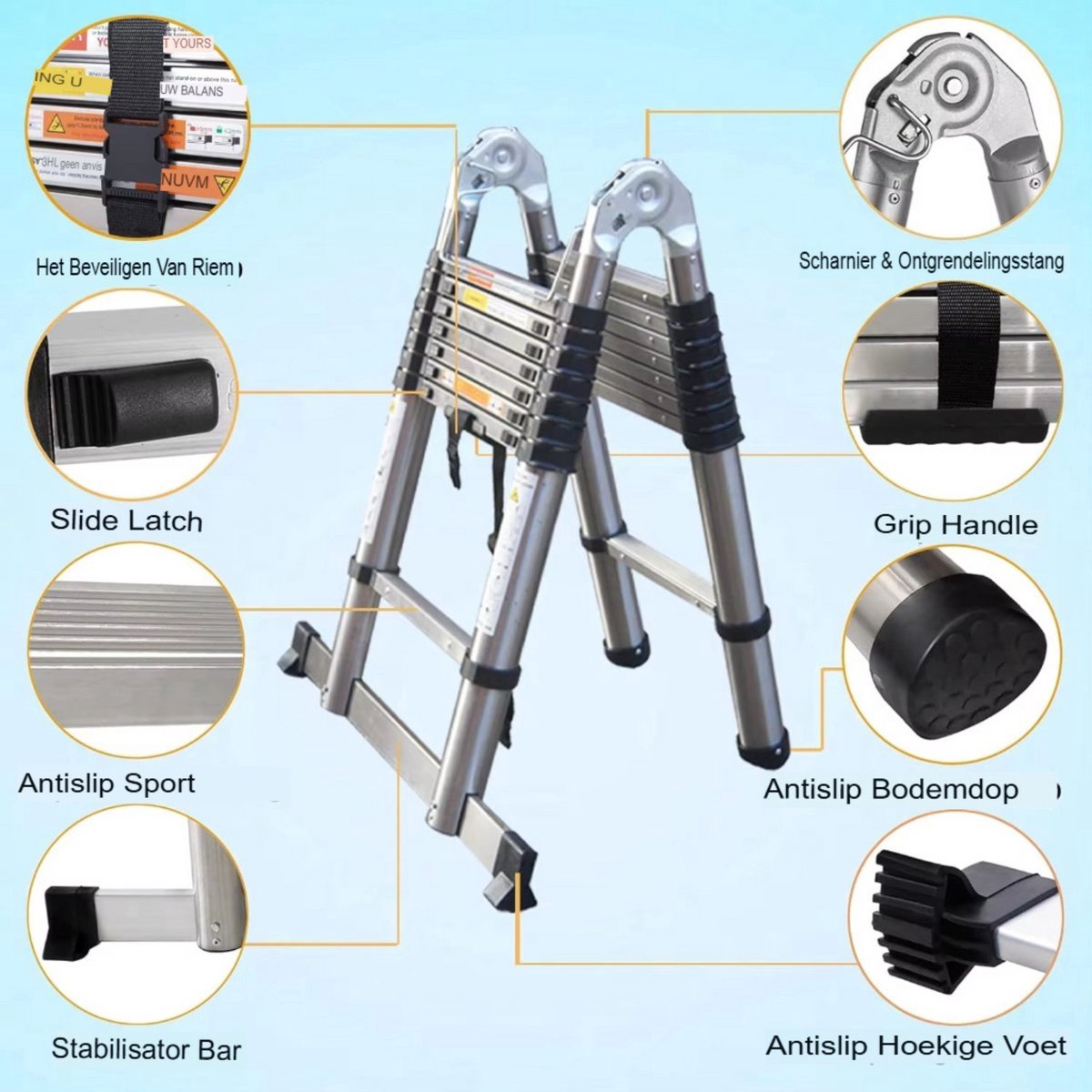 Telescopische Vouwladder Trivano - 5M - A-Frame & Rechte Ladder - Roestvrijstaal - 2-in-1 Verlengladder - 150kg Draagvermogen