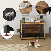 Houten Hondenbenche Tavien - Hondenren - Hondenkrat Bijzettafel met Afneembare Kommen en Dienblad - Dubbele Deuren Hondenkennel voor Middelgrote Honden Binnen - 99 x 63 x 72 cm - Bruin