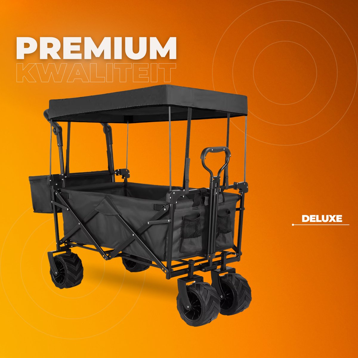 Opvouwbare bolderkar XL - 262L - Opvouwbaar tuinwagen - Met duwstang - Voor buitengebruik - Met verwijderbare luifel en 115 kg capaciteit - All terrain - Zwart