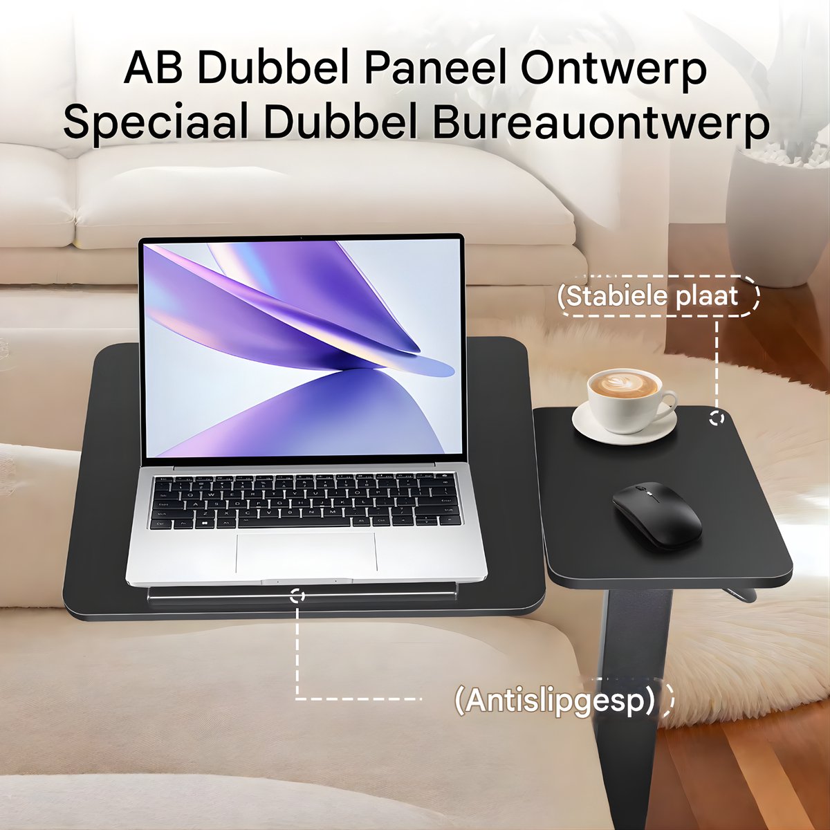 Zit-sta-bureau - Bedtafel - Laptoptafel - Bijzettafel - Voor woonkamer, slaapkamer of slaapzaal - In hoogte verstelbaar - Zwart