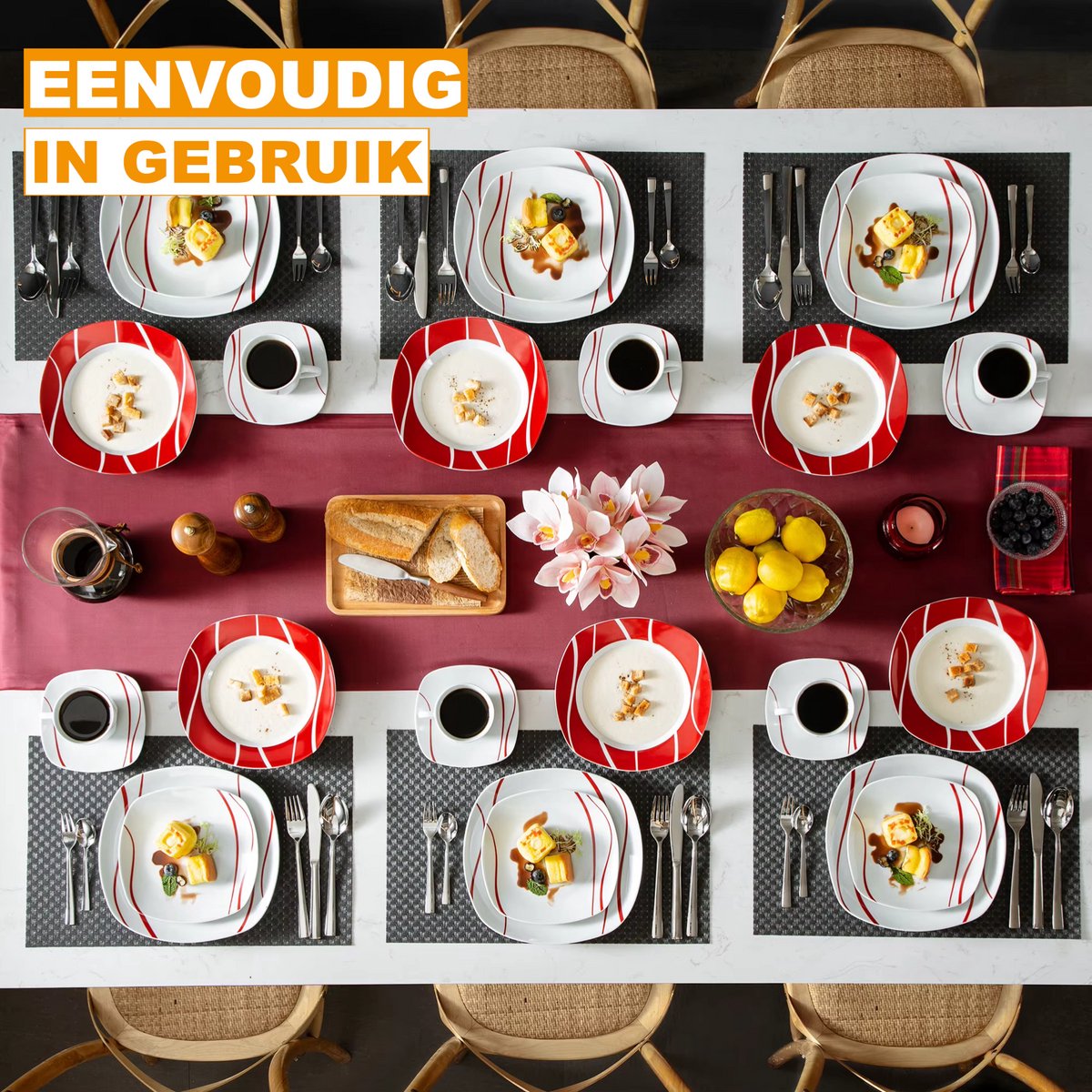 Lavish Serviesset – 6 persoons – 30 delig – Rood wit Keramisch – Dinerborden – Ontbijtborden