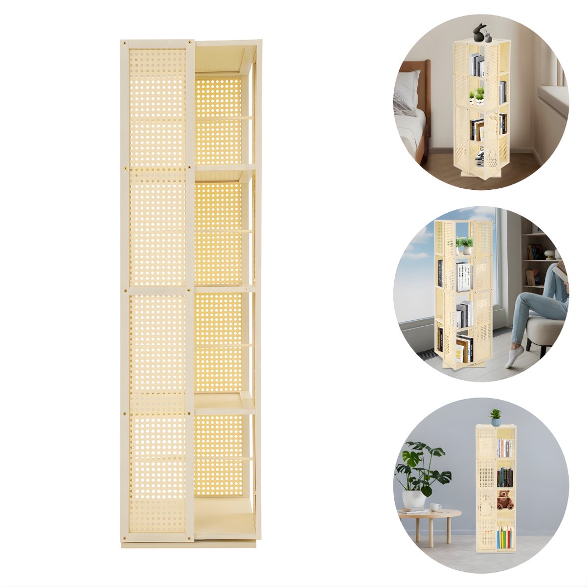 Draaibare boekenkast - Boekenrek - Opberruimte - Voor boekenopslag - Voor boeken en decoratie - 4-laags - 360° draaibaar ontwerp - Cream white