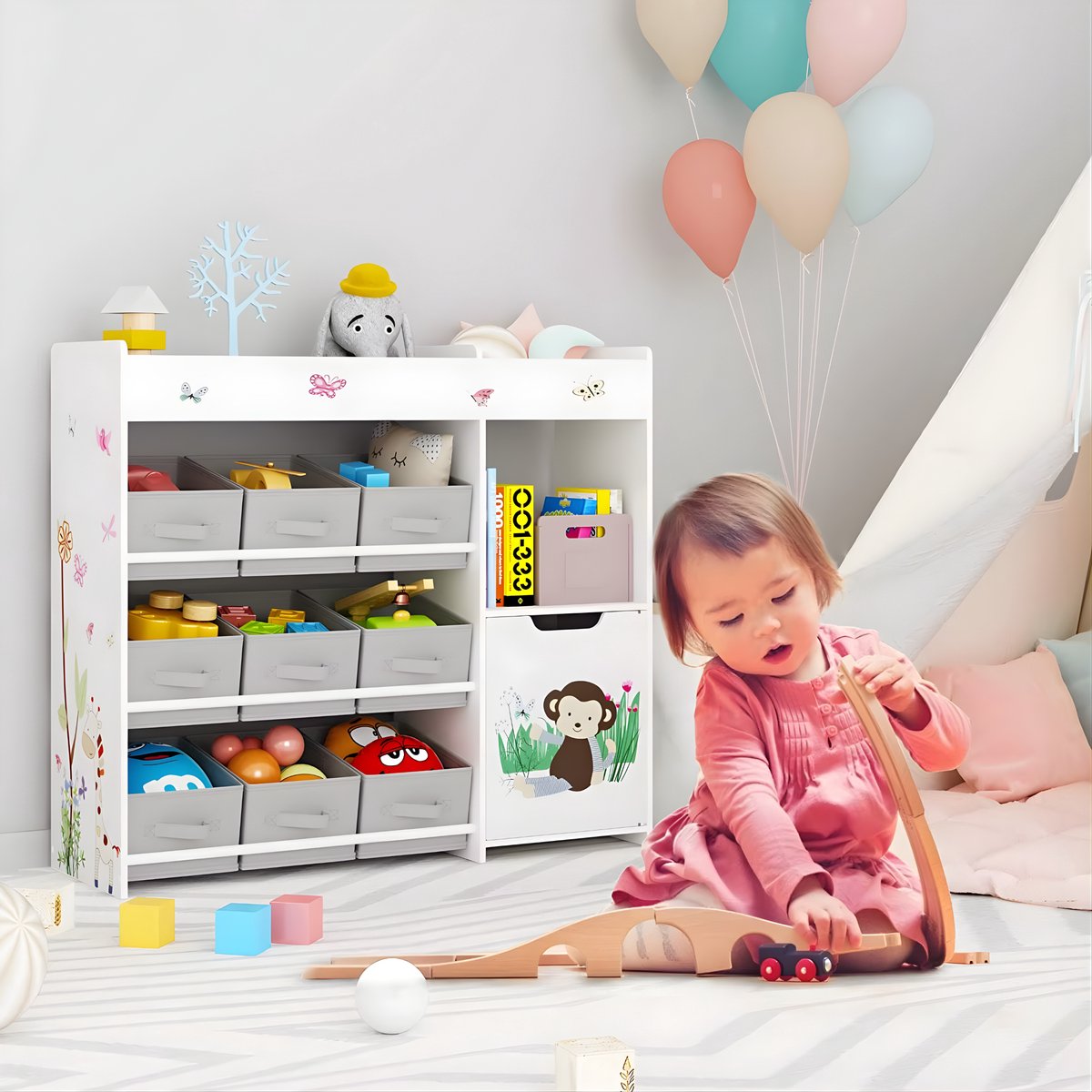 Speelgoedopbergkast – Kinderspeelkamer - Kinderboekenkast – Voor kinderen in kinder- of speelkamer – 9 opbergruimtes voor speelgoed en boeken – Hout, wit