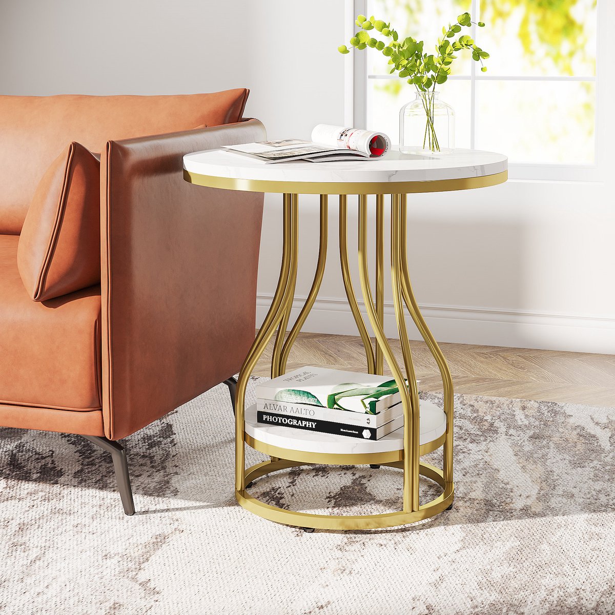 Moderne Bijzettafel met 2 Lagen - Marmerlook - Goud - Voor woonkamer of slaapkamer - Tafeltje