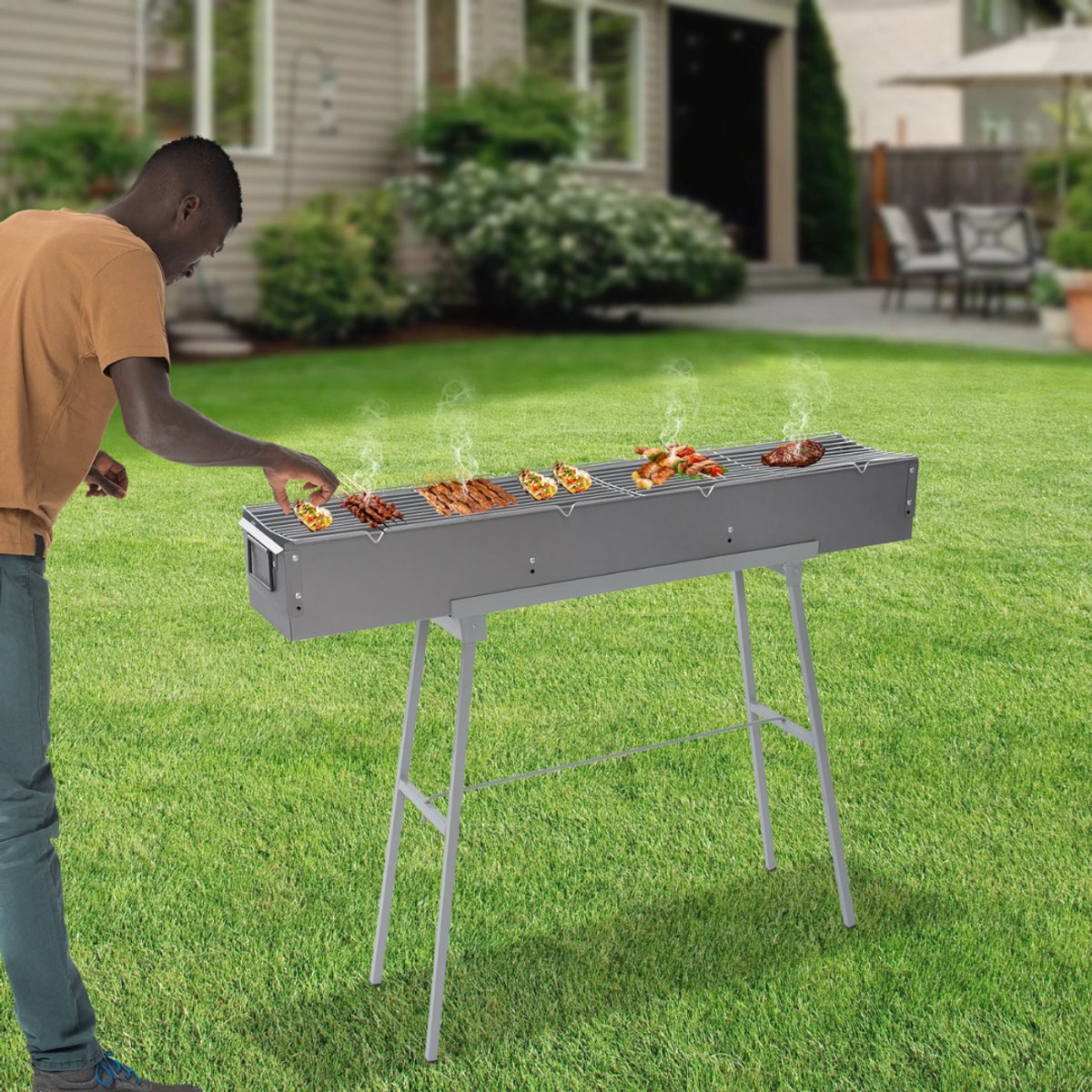 BBQ-grill - Voor camping - Draagbare, opvouwbare houtskoolgrill - Grijs - 100*18*13cm