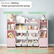 Speelgoedopbergkast – Kinderspeelkamer - Kinderboekenkast - Voor woonkamer, speelkamer en slaapkamer – Met 8 verwijderbare dozen en opbergplanken – 138,8×29,6×94,3 cm - Roze