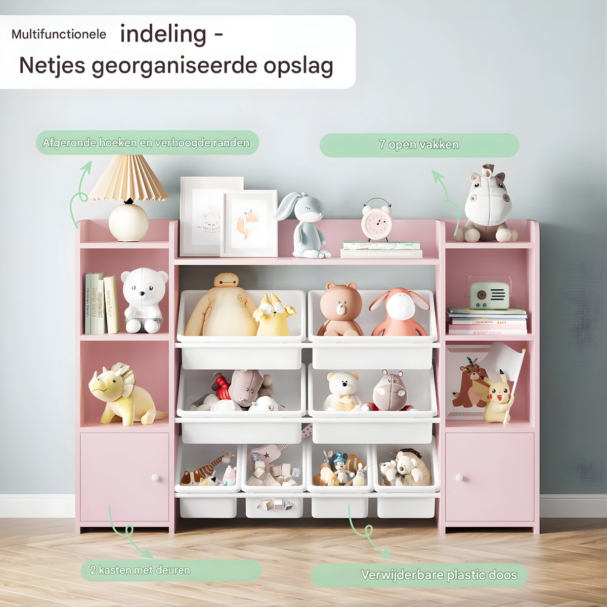 Speelgoedopbergkast – Kinderspeelkamer - Kinderboekenkast - Voor woonkamer, speelkamer en slaapkamer – Met 8 verwijderbare dozen en opbergplanken – 138,8×29,6×94,3 cm - Roze