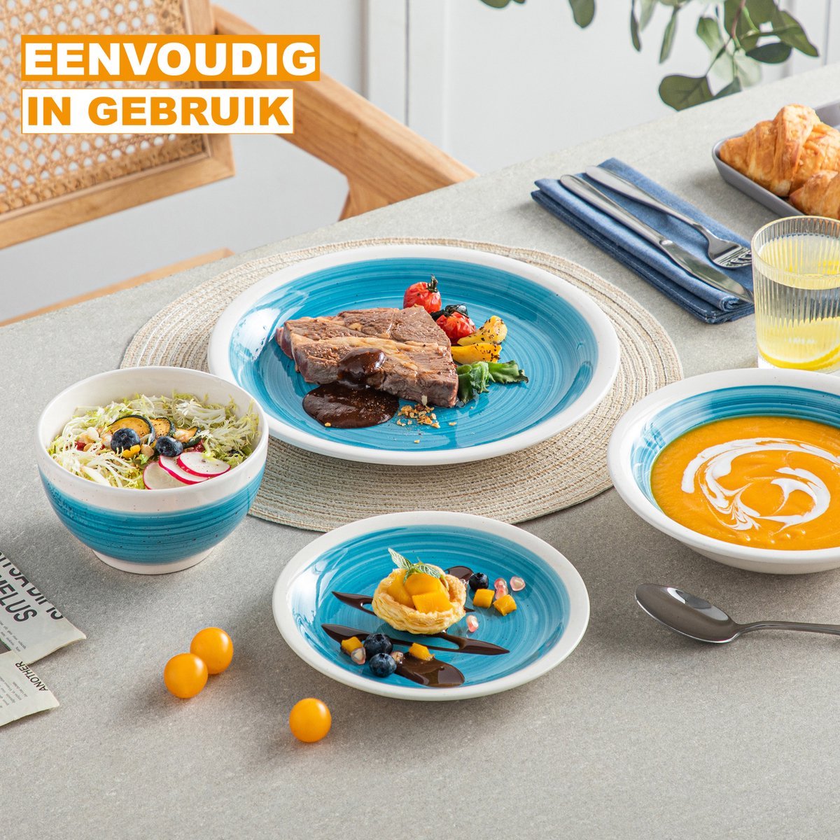Eleganto Serviesset Lucenzo - 32 delig - Blauw - Dinerborden - Bordenset - Diepe borden - Ontbijtborden - Servies - Keukenservies
