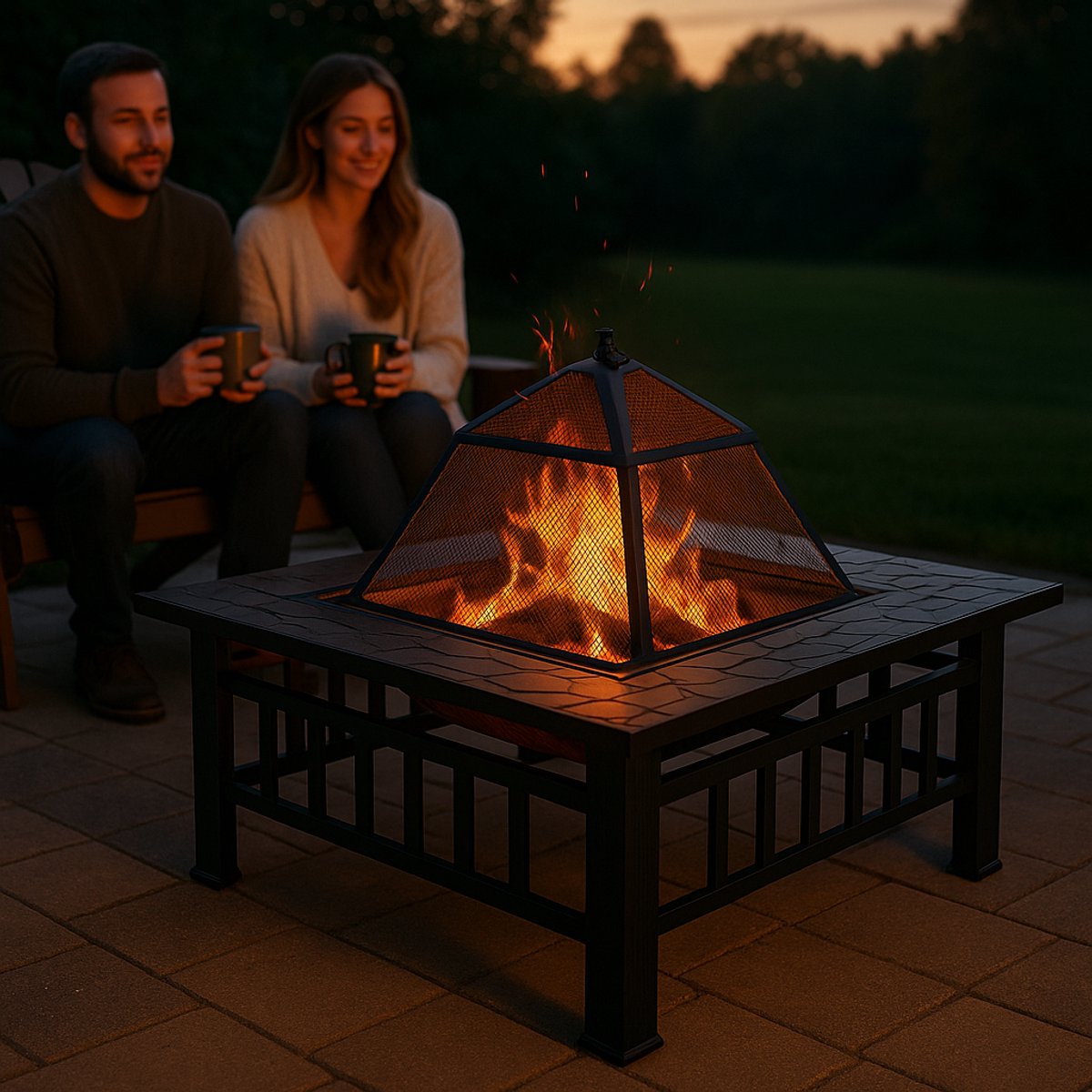 Happyment® Vuurkorf voor buiten - Vuurpit deluxe - BBQ - Met Vonkenscherm - Metaal - 81x81x32,5cm