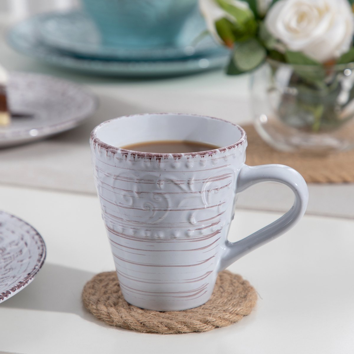 Grandiose Bordenset – 4 persoons – 16 delig – Wit/blauw Keramisch – Eetborden – Breakfast Plates