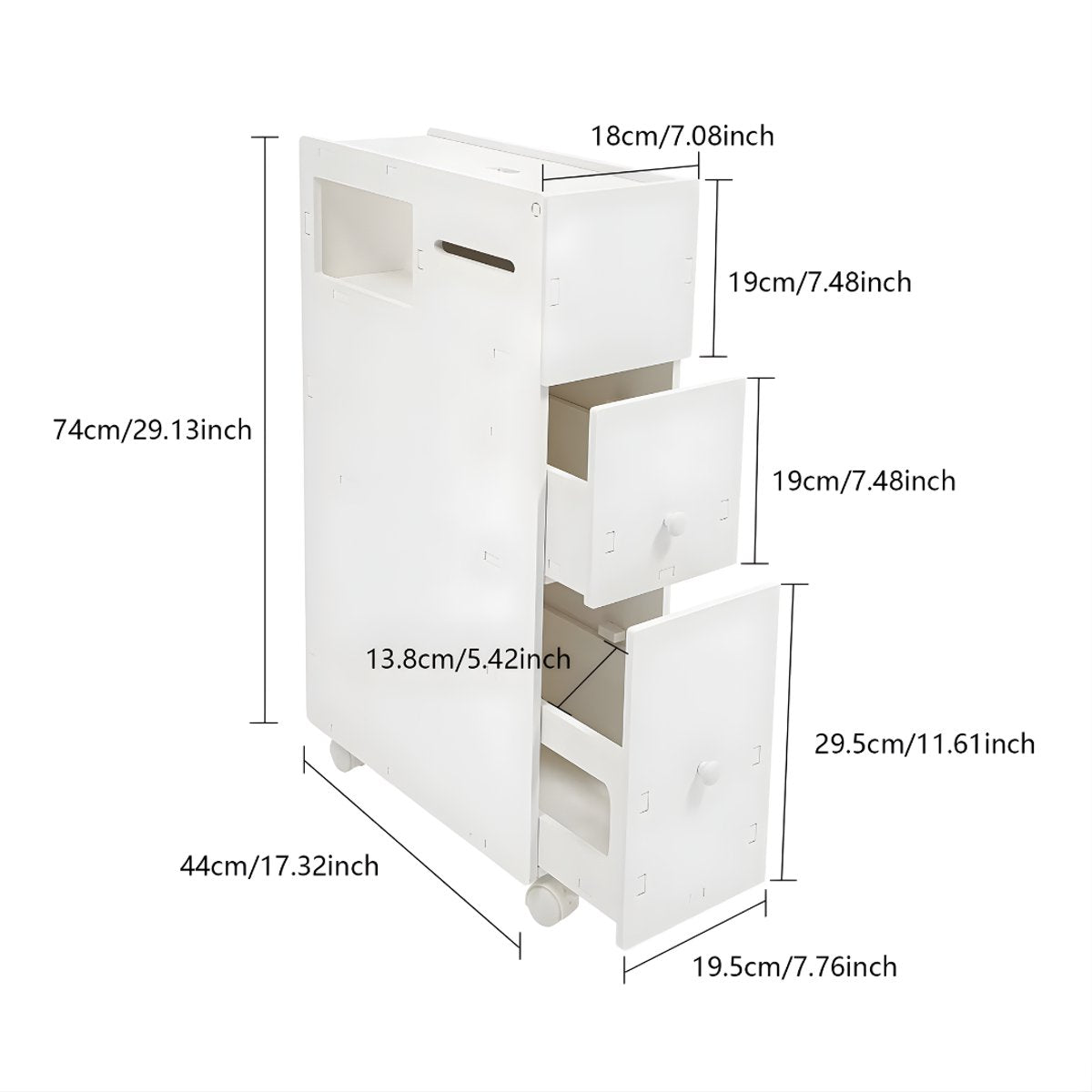 Badkamerkast - Opbergkast - Badkamermeubel - Voor smalle badkamers - Op wieltjes - Wit - 44*19,5*74 cm