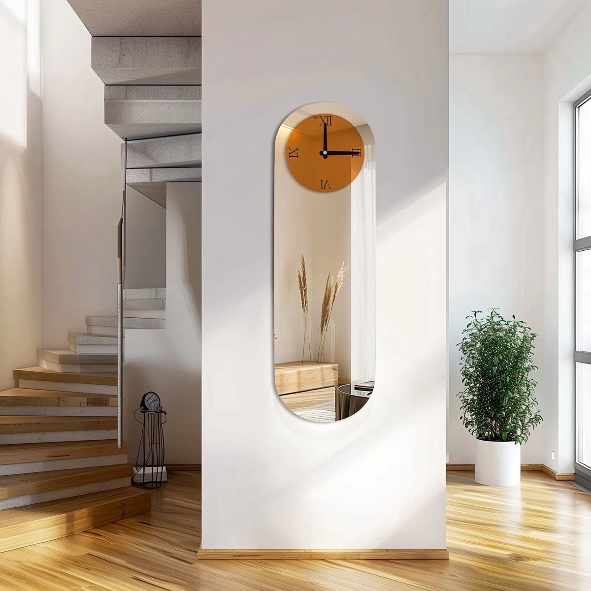 Tavien Langwerpige Wandklok - Bruin Getint met Zilveren Gespiegelde Romeinse Cijfers - Moderne Decoratieve Klok voor Woonkamer