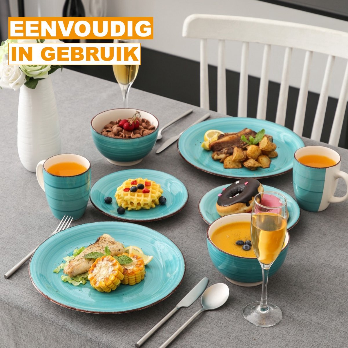 Elite Ontbijtborden - Serviesset - 32 delig- 8 persoons - Blauw Keramisch - Kleine Borden