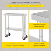 Keukentafel horeca - RVS - Werktafel met wielen - Bijzettafel verplaatsbaar - Keukeneiland - 76 x 30 x 86 cm