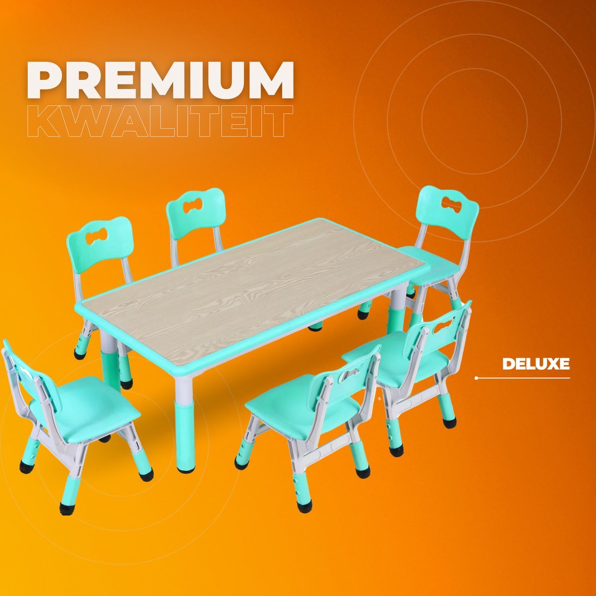 Kindertafel Zyrell en 4 Stoelenset - Voor Peuters en Jonge Kinderen - Verstelbare Tafelset voor Spelen, Studeren & Tekenen - Duurzaam Kunststof in Neutrale Kleuren - Groen - 120x60cm