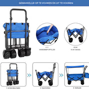 Opvouwbare bolderkar XL - 262L - Opvouwbaar tuinwagen - Met duwstang - Voor buitengebruik - Met verwijderbare luifel en 115 kg capaciteit - All terrain - Blauw