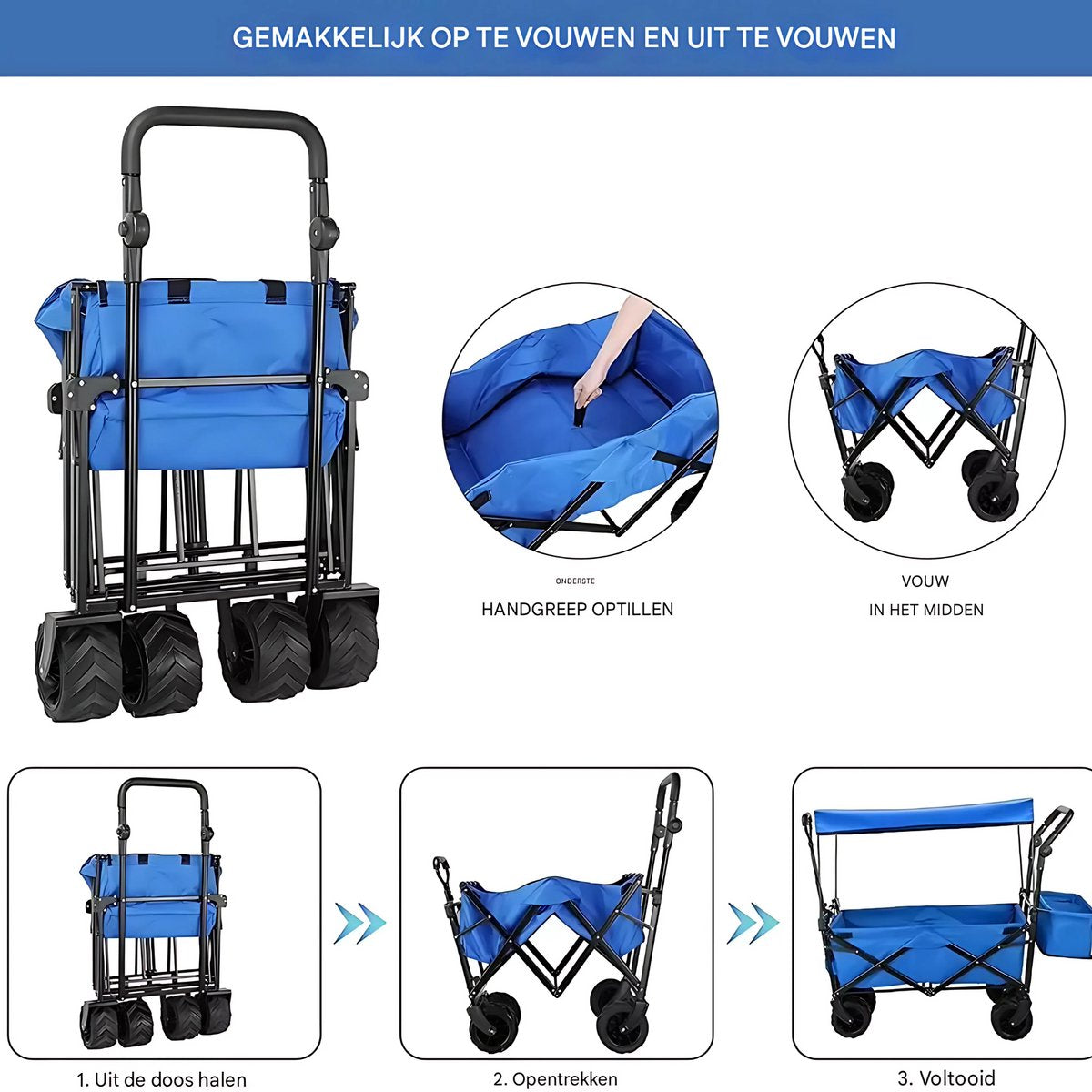 Opvouwbare bolderkar XL - 262L - Opvouwbaar tuinwagen - Met duwstang - Voor buitengebruik - Met verwijderbare luifel en 115 kg capaciteit - All terrain - Blauw