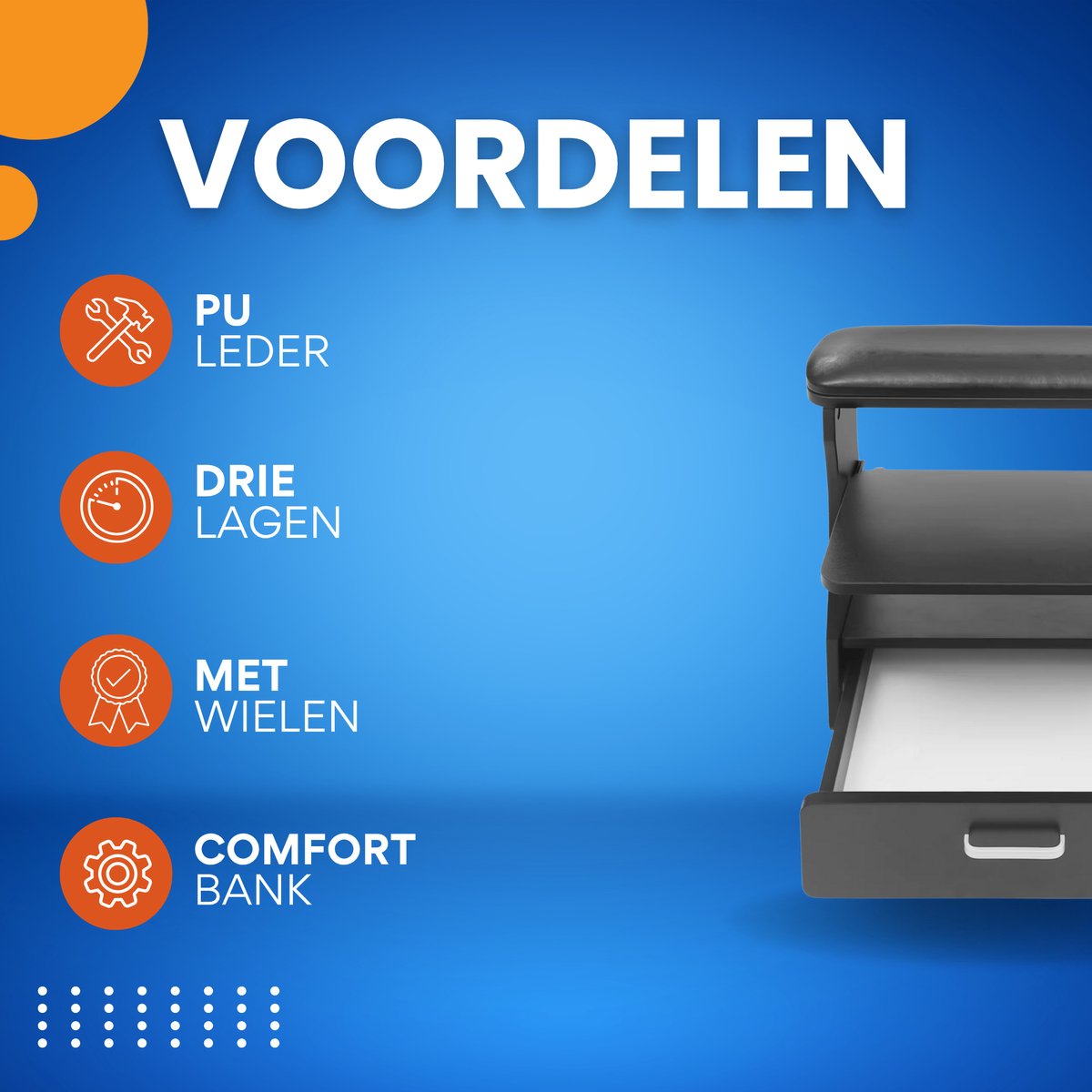 Pedicure Voetsteun - Voetenbank - Pedicure stoel - Voor Thuisgebruik en Schoonheidssalons - 3-Lagen met Lade en Wielen - PU Lederen - Zwart