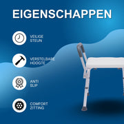Douchekruk – Voor Ouderen & Gehandicapten – Stevig - Verstelbaar met Armleuningen – Kunststof Zitting - Wit