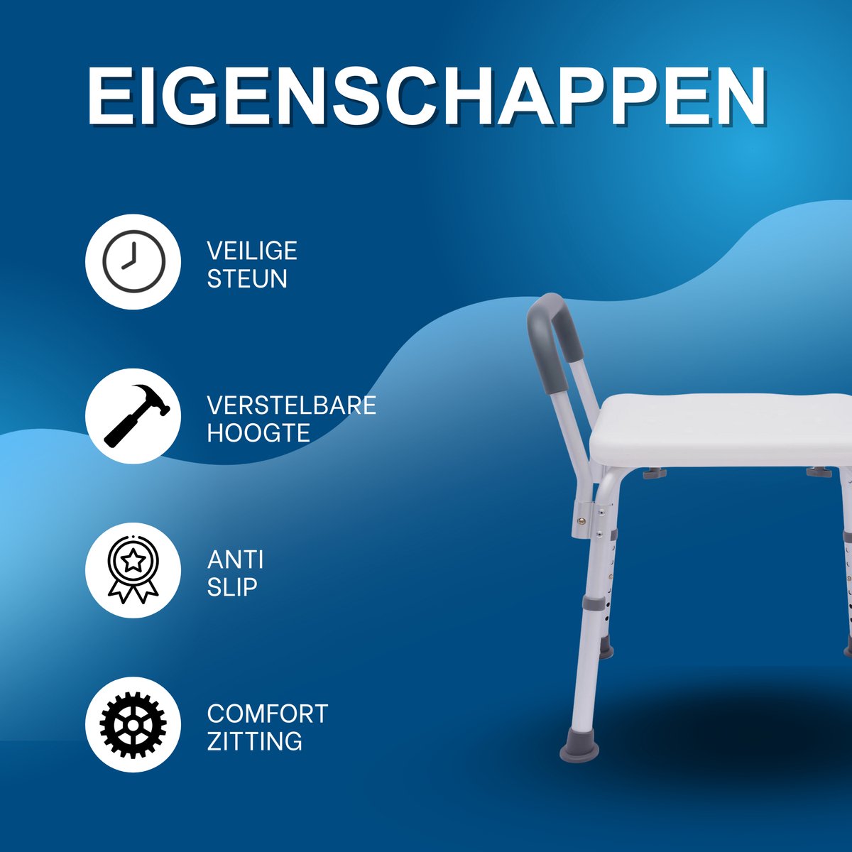 Douchekruk – Voor Ouderen & Gehandicapten – Stevig - Verstelbaar met Armleuningen – Kunststof Zitting - Wit