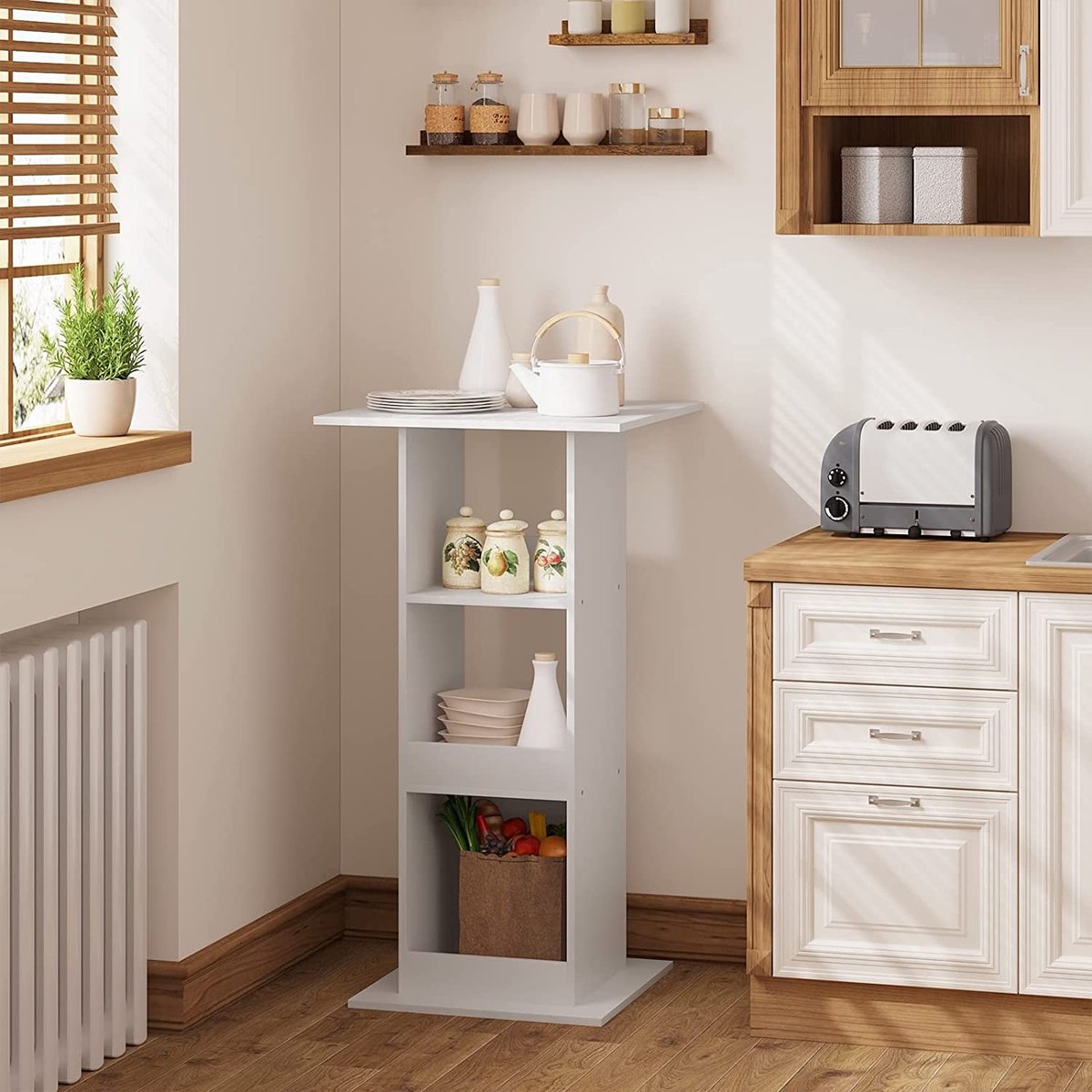 Happyment Bartafel Cardiff - Met opbergruimte - Vierkant - Voor binnen - Keuken - Hout - Metaal - Wit - 60x60x112cm