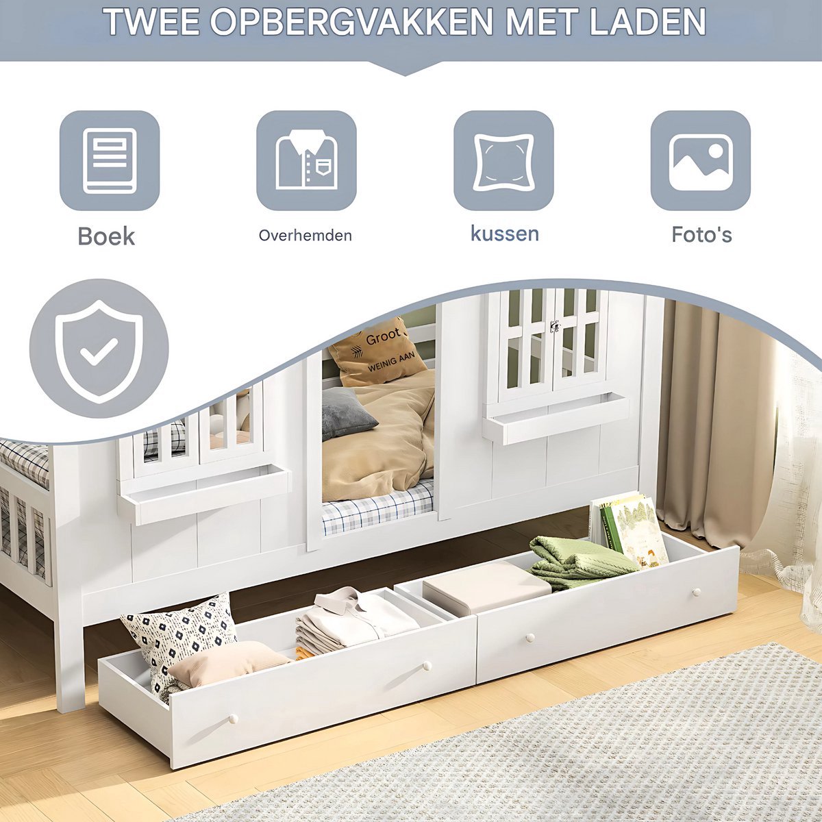 Kinderbed Opulence - 90x200 cm - Met 2 lades - Huisbed - Voor Kinderen - Peuterbed - Met lattenbodem - Zonder matras