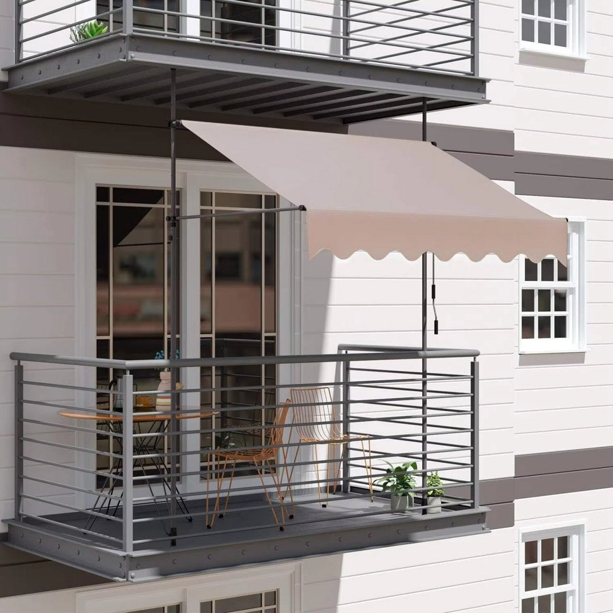 Luifel Balkon - Luifelklem voor Tuin en Zonbescherming - Intrekbare, UV-bestendige Luifel zonder Boren -2,5x1,2m - Khaki