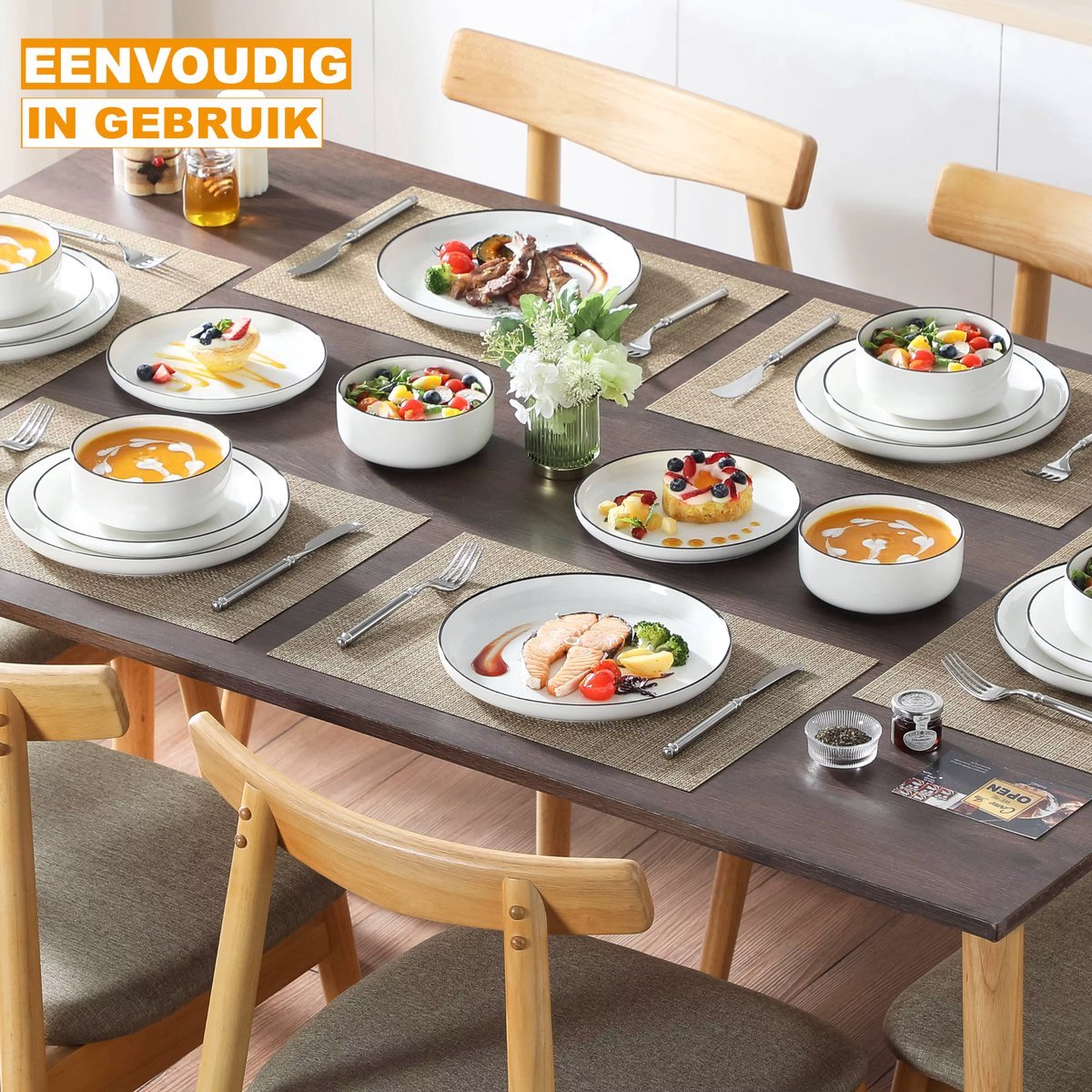 Celestial Serviesset – Dinerborden – 12 persoons – 36 delig – Wit met zwarte rand Keramisch – Ontbijtborden – Stijlvol keramiek