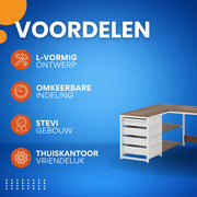 Hoekbureau Dublin - Computerbureau - 150cm - Wit - Voor thuis of werk - Hout en metaal