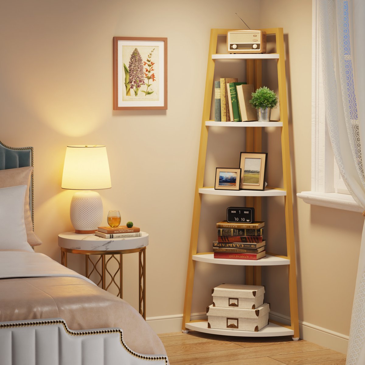 Hoekkast Quinoro - Vakkenkast 180cm - Boekenrek Hoekmeubel - Opbergrek 5 Lagen - Geel