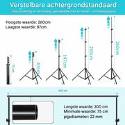 Achtergrondsysteem voor Fotostudio - Achtergrondstandaard - Achtergronddoek standaard - 3x2,6 m - In hoogte verstelbaar - Aluminium Zwart