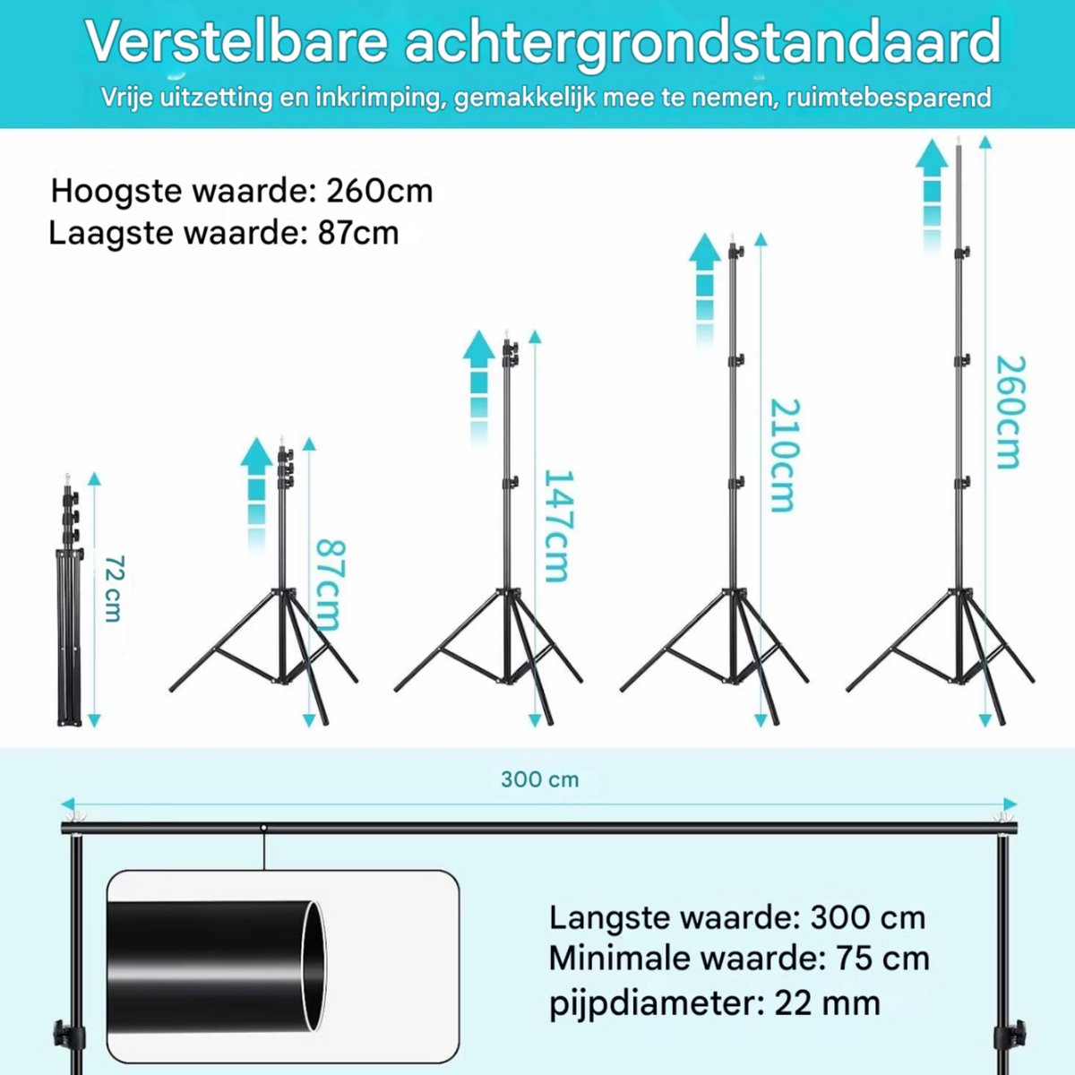 Achtergrondsysteem voor Fotostudio - Achtergrondstandaard - Achtergronddoek standaard - 3x2,6 m - In hoogte verstelbaar - Aluminium Zwart