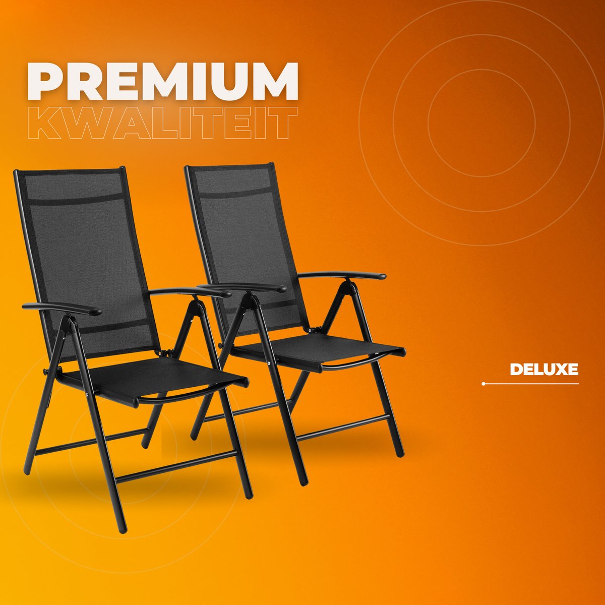 Deluxe Tuinstoelen - Tuinmeubels - Voor Tuin, Balkon & Camping - Hoge Rug, 7-Way Verstelbaar met Armleuningen - Duurzaam Aluminium & Ademend - 2 stuks - Zwart