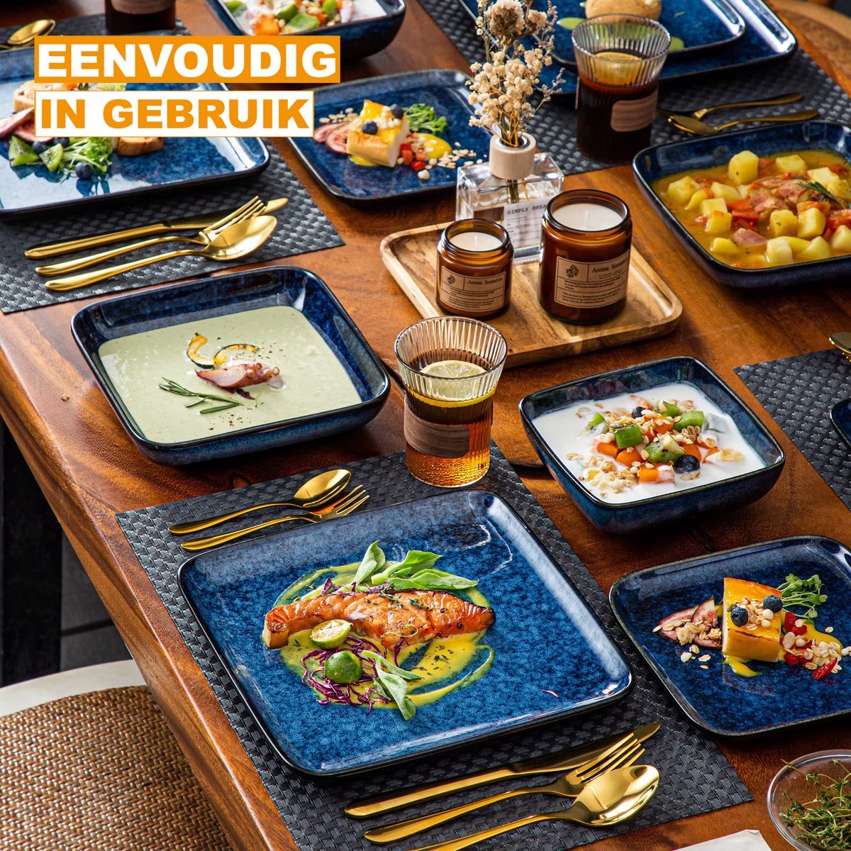 Majestic Serviesset - 16 delig - 4 persoons - Blauw - Dinerborden - Bordenset - Diepe borden - Ontbijtborden - Servies - Keukenservies – Stijlvol keramiek