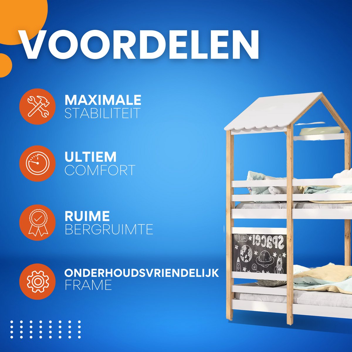 Stapelbed voor kinderen - 90x200 cm - Kinderbedden - Schoolbord - Met Hoektrap, valbeveiliging en raam - Peuterbed - Hoogslaper