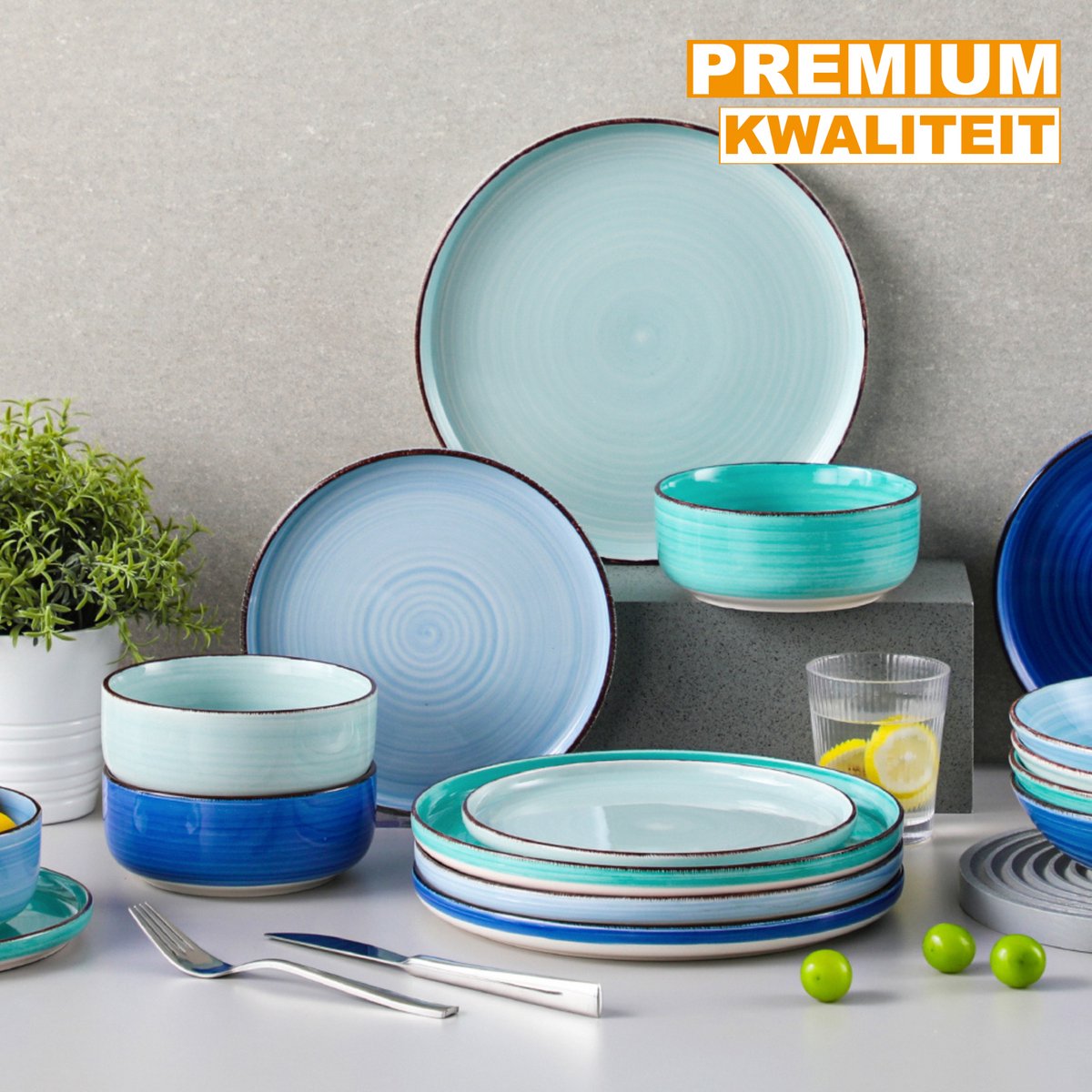 Velentino Serviesset - 18 delig - 4 persoons - Rainbow greeny - Dinerborden - Bordenset - Diepe borden - Ontbijtborden - Servies - Keukenservies