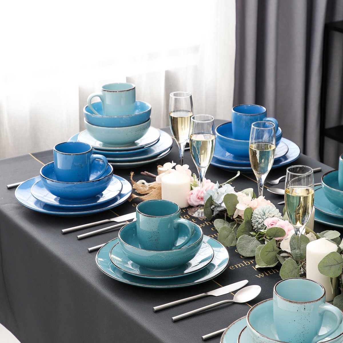 Majestic Lucenzo Serviesset - 16 delig - 12 persoons - Mix blauw - Dinerborden - Bordenset - Diepe borden - Ontbijtborden - Servies - Keukenservies - Luxe design - Tafelstijl