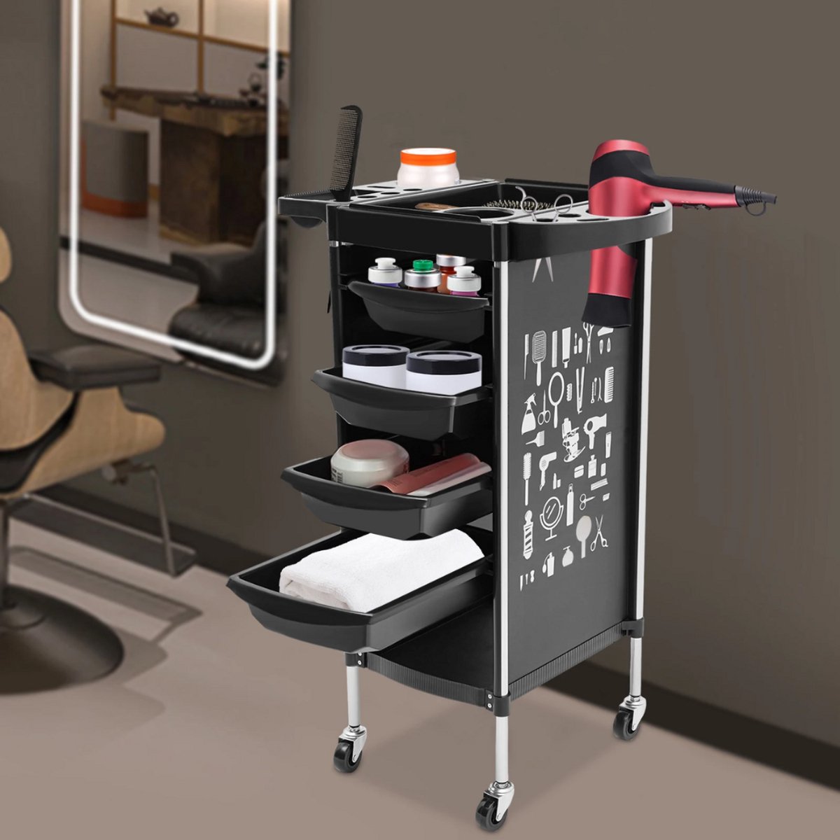 Kappers trolley Vera - Met wielen - Zwart - Voor salons, spa’s en stylisten - Werkwagen