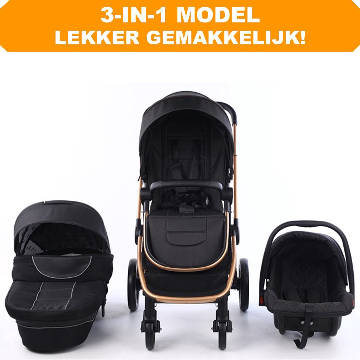 Kinderwagen - 3-in-1 - Wandelwagen - Zwart - Met stoel & wieg