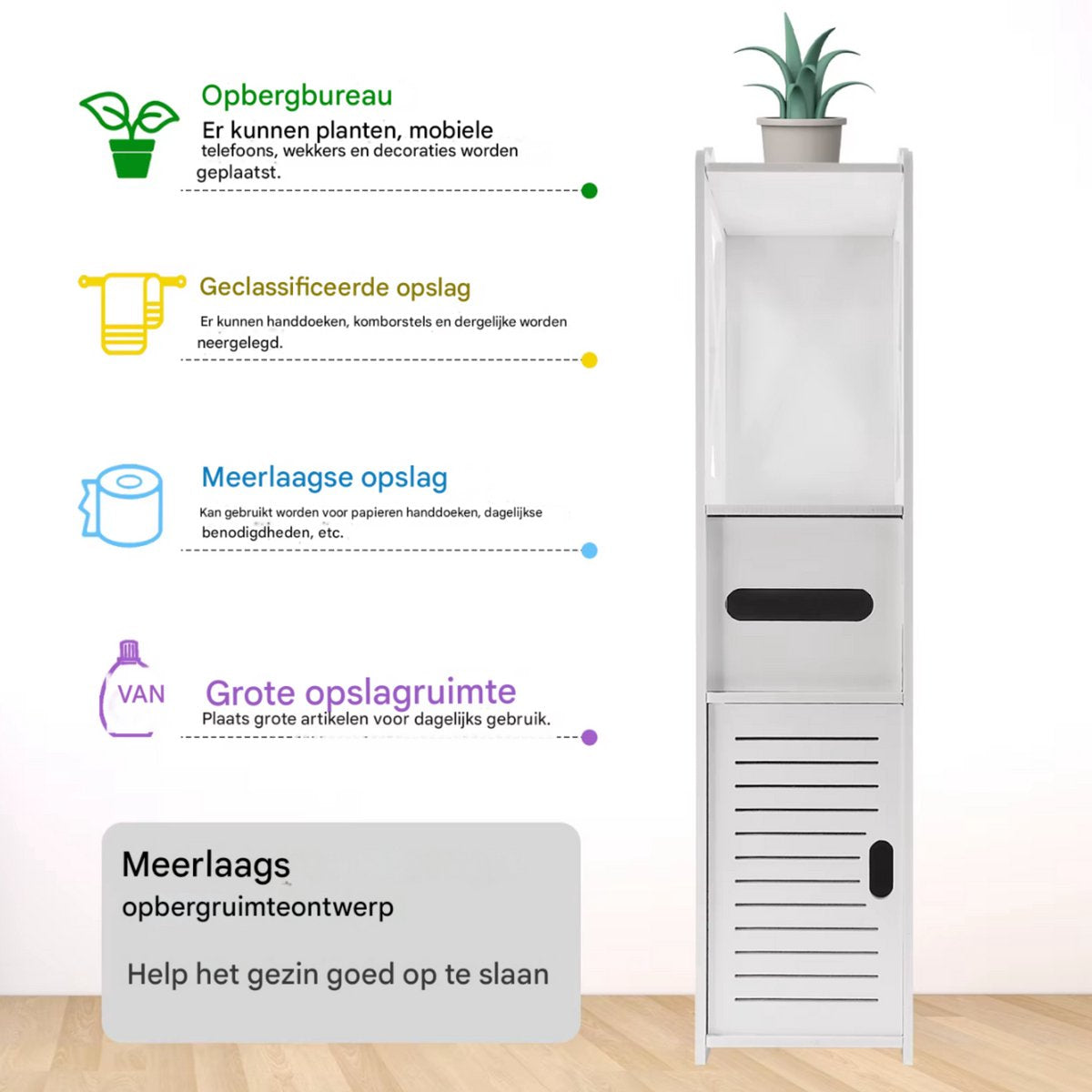 Ruime Badkamervloerkast - Vrijstaand Slank Badkamermeubel - Papieren Handdoeklade - Kastopbergorganisator - Huismeubilair