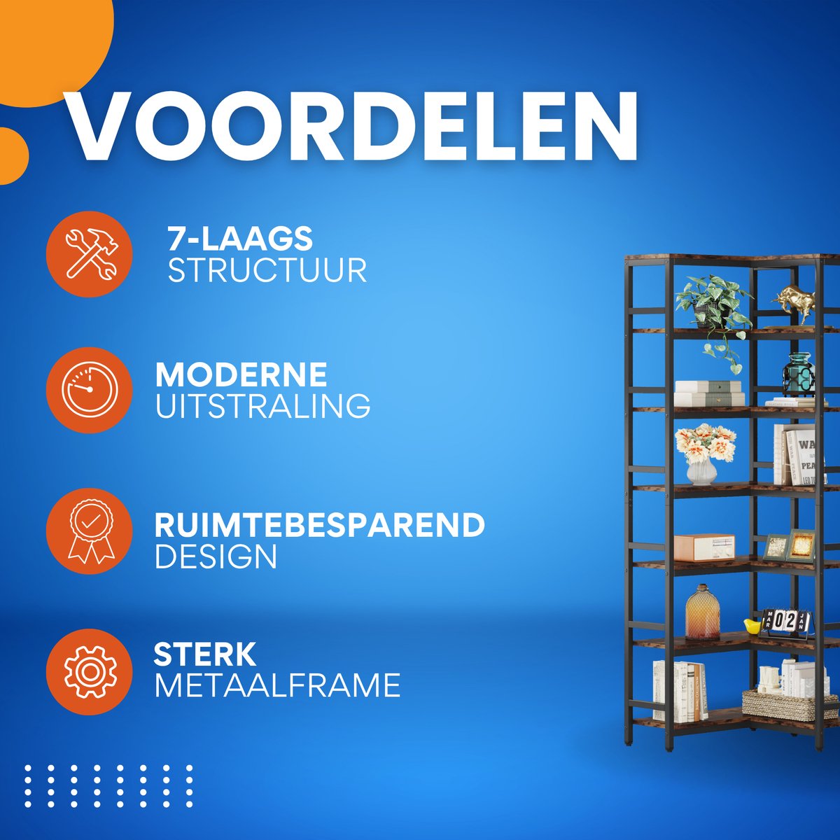 Boekenkast Dully - 7 lagen - Hoekkast - Bruin - Hoekrek - Voor Woonkamer, Slaapkamer of Kantoor - 60x60x200cm