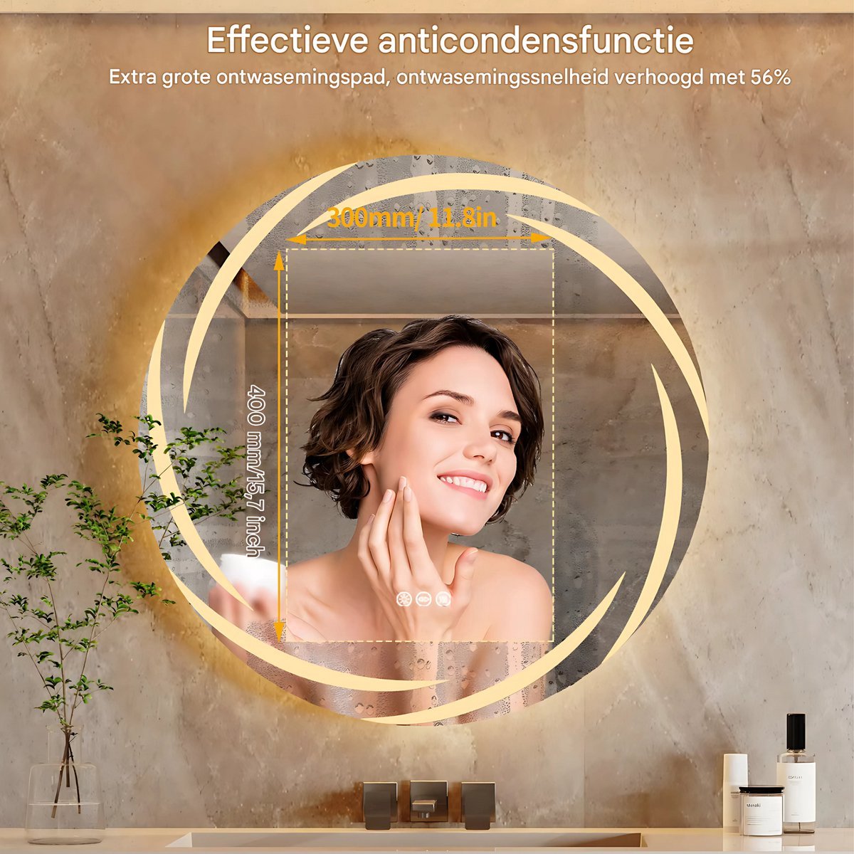 Ronde Badkamerspiegel Nero Fioren - Met verlichting - 60cm - Voor Badkamer, Make-up & Wandmontage - Dimbaar licht