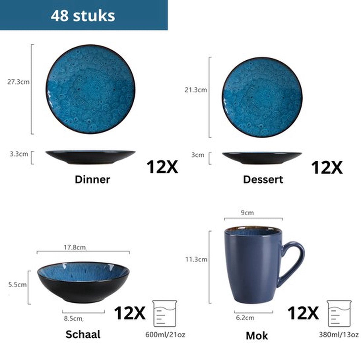 Luxe Serviesset - 4 Persoons - Porselein - 16-Delig - Bordenset Blauw