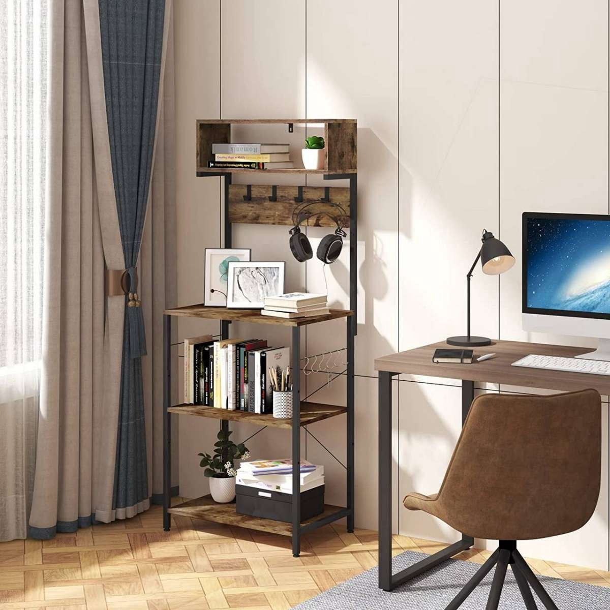 Happyment Boekenkast Rodi - Industrieel - 4 Lagen - Zwart - Inclusief 10 haken - Boekenrek - Woonkamer, slaapkamer en kinderkamer - Hout - 60x152x38cm
