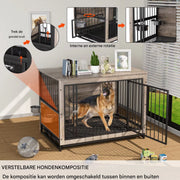 Houten Hondenbenche - Hondenren - Hondenkrat Bijzettafel met Afneembare Kommen en Dienblad - Dubbele Deuren Hondenkennel voor Middelgrote Honden Binnen - 112 x 73 x 78 cm - Grijs