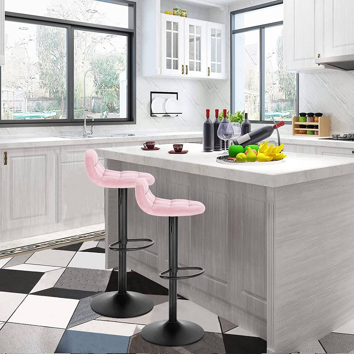 Barkrukken Ziva - Met rugleuning - Barstoelen ergonomisch - Keuken - Roze - Verstelbaar in hoogte - Set van 2 - Zithoogte 62-83cm - Velvet