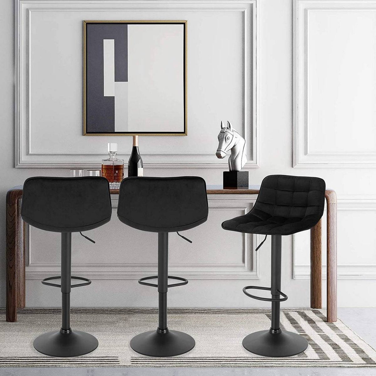 Velvet Barkrukken Geral - In hoogte verstelbaar - Met rugleuning - Set van 2 - Zwart - Barstoelen ergonomisch - Keuken en bar - Zithoogte 59-81cm